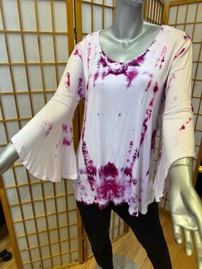 Relaxed Scoop Neck Shibori Dyed Tunic Top - Light Pink with Purple Accents